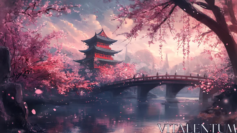 Cherry blossoms frame serene pagoda over tranquil river.