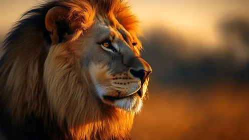 Side profile of male lion in warm sunset backlight.