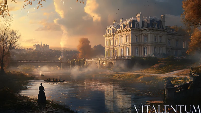 Golden hour riverfront ch&acirc;teau renders atmospheric depth and scale
