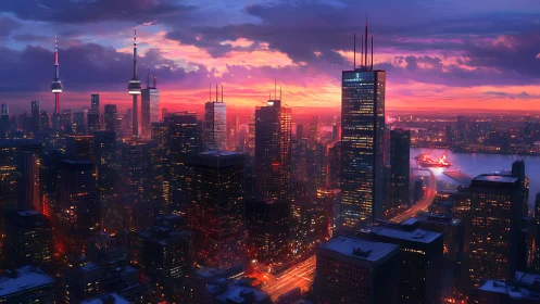 Sunset neon skyline over futuristic harbor metropolis.