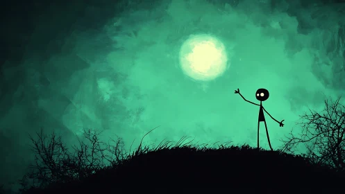 Stick figure greeting the glowing moon on a teal night.