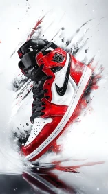 Dynamic red sneaker explodes through abstract white space