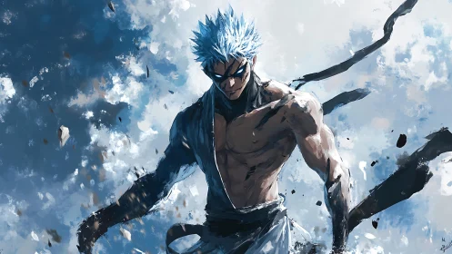Ice-haired warrior strides through shattering storm sky.