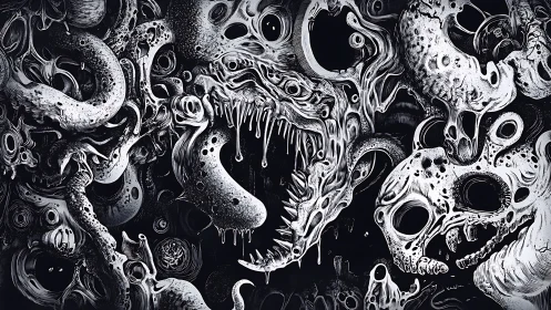 Monochrome eldritch skull swarm with dripping maws.