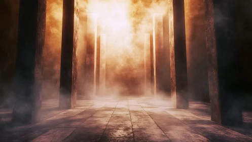 Cinematic 3D colonnade in volumetric light and rising haze.
