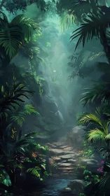 Misty jungle pathway shrouded in ethereal green light and dense foliage