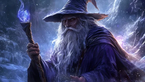 Elder robed wizard holding glowing staff in icy cavern.