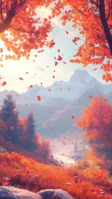 Autumn valley glows beneath snowcapped mountain sunrise.