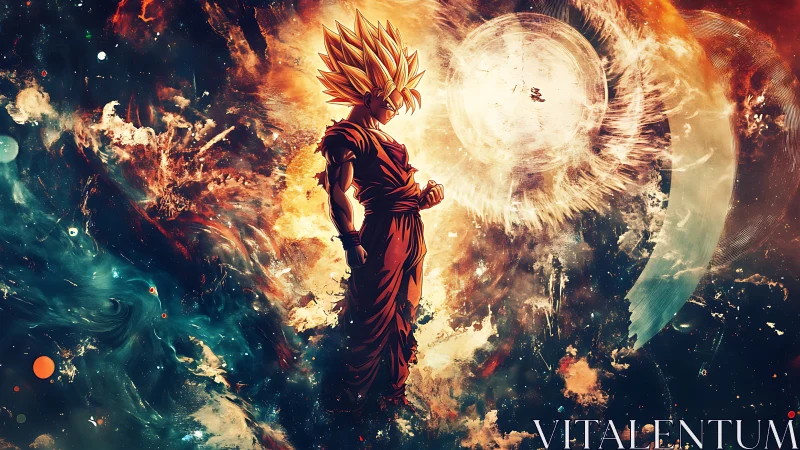 Cel-shaded warrior silhouette against turbulent cosmic energy vortex