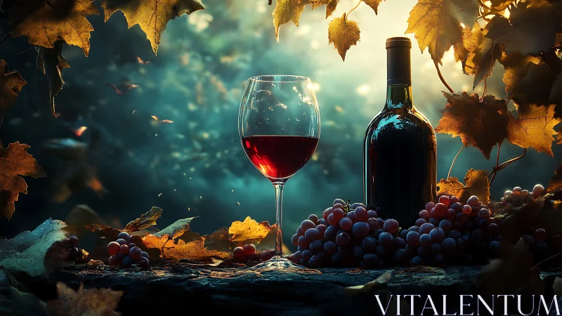 Autumn vineyard still life with red wine glass and bottle.