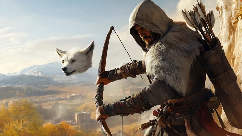 Hooded archer aims bow beside floating white fox head.