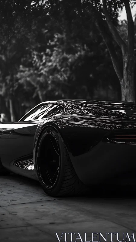 Black concept supercar reflects trees in moody grayscale