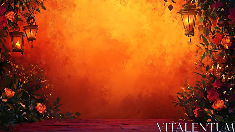 Lantern lit floral corridor frames textured warm orange backdrop