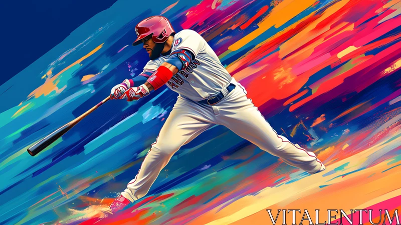 Baseball batter in mid-swing over multicolor streak field.