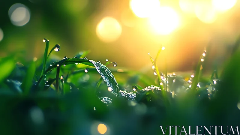 Close-up of dew-covered grass blades in strong backlight.