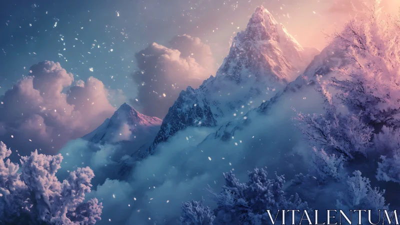 Snowlit mountain peaks under ethereal pink twilight glow.