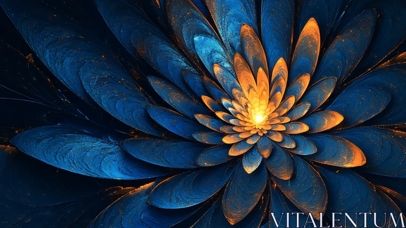 Glowing blue and gold fractal flower unfolding in light.