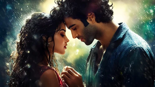 Two souls embrace in rain under magical light.