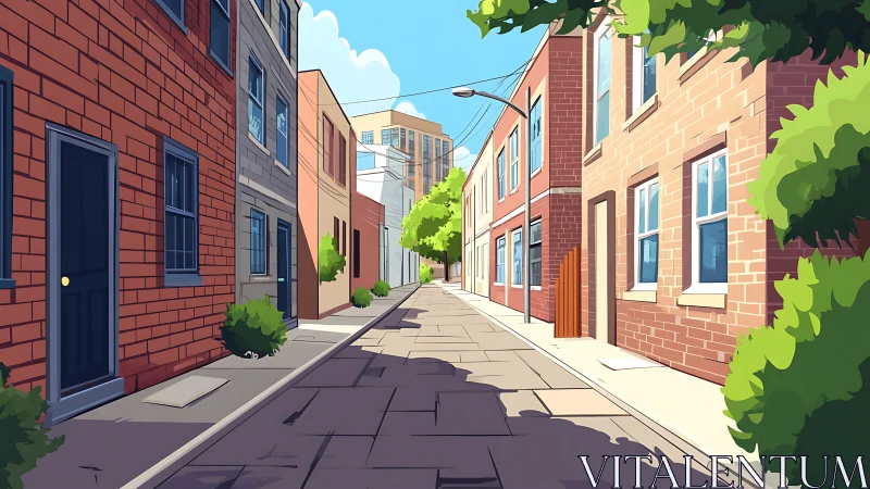 Sunlit brick alleyway with row houses and distant highrise