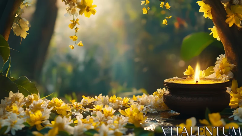 Golden clay lamp among jasmine blossoms at sunrise.