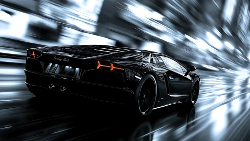 Rear three-quarter view hypercar racing through neon city streets