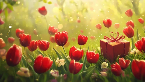Red tulip meadow with gift box under golden spring light.