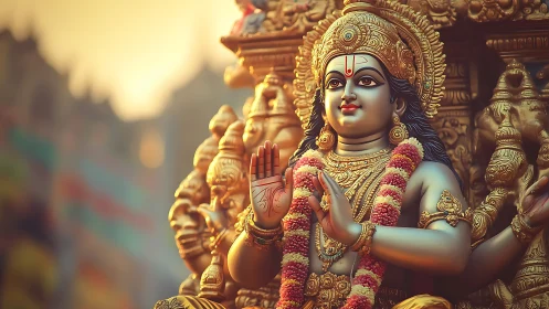 Iconographic close-up of ornate Hindu deity sculpture.