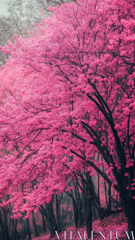 Dense cherry blossom canopy forms saturated pink woodland corridor