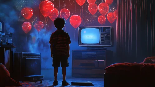 Midnight child watches glowing TV under red balloon sky.
