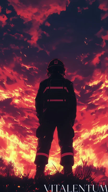 Silhouetted figure in protective gear stands against expansive fire