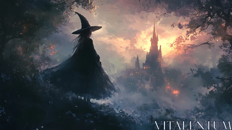 Silhouetted figure in pointed hat observes distant lit castle