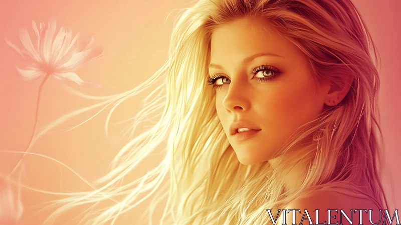 Sunlit dream portrait in soft peach and golden tones.