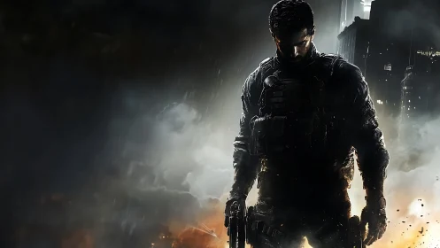 Armored lone soldier in smoky urban battlefield backlight.