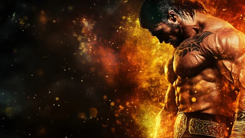 Muscular male fighter in fiery abstract background artwork.