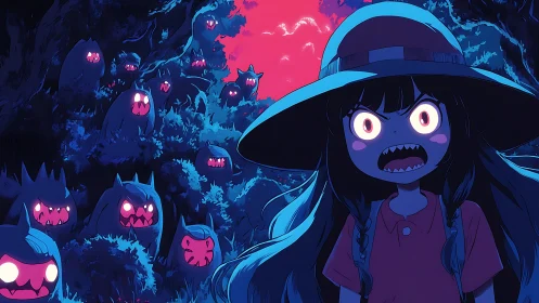 Moonlit monsters crowd closer as the wide eyed girl rebels