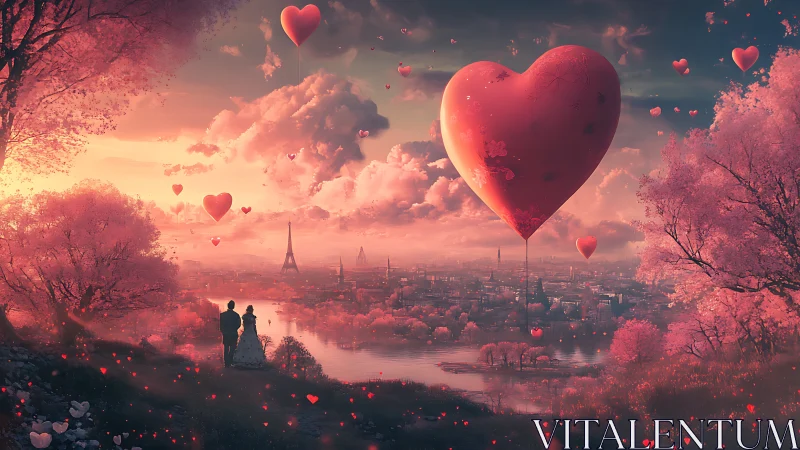 Ethereal Romantic Landscape with Floating Hearts Above Parisian Cityscape.