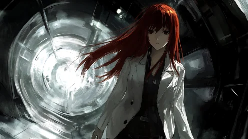 Red-haired scientist strides through a glowing time portal
