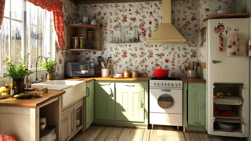 Sunlit country kitchen interior with retro appliances rendered.