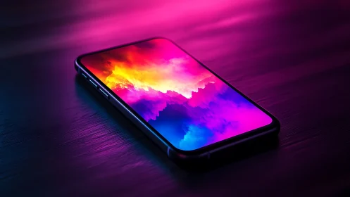 Neon Gradient Display Smartphone on Luminescent Surface.