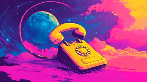 Retro yellow space phone glowing under neon cosmic skies.