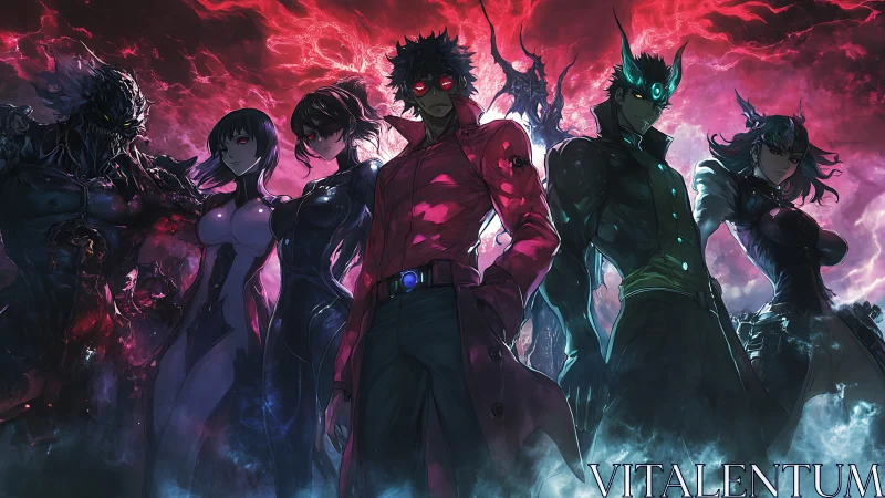 Seven stylized figures stand against a red storm background