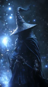 Dark robed wizard stands amid glowing blue magical energy