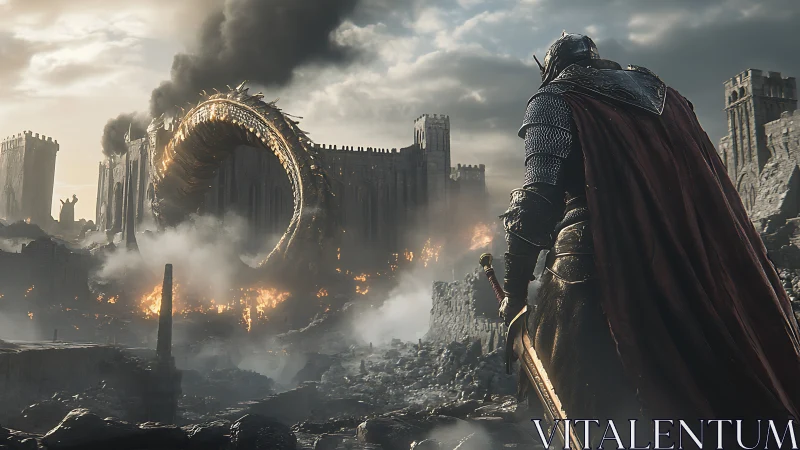 Armored knight confronts burning fortress and circular portal