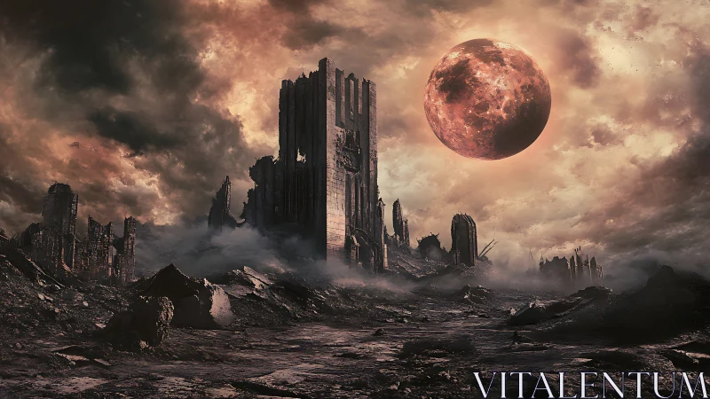 Ruined cityscape stands beneath enlarged red planetary moon