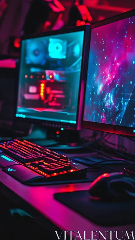 Neon gaming battlestation glows under cyberpunk lighting.