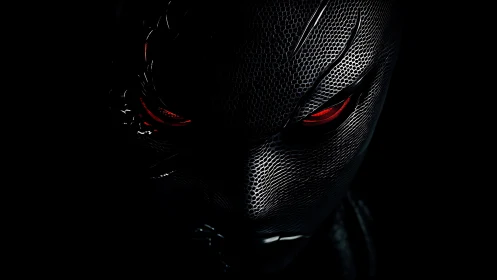 Midnight cyber assassin with molten red machine eyes.
