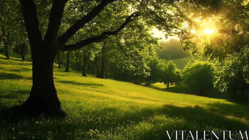 Sunlit woodland meadow with backlit trees at golden hour.