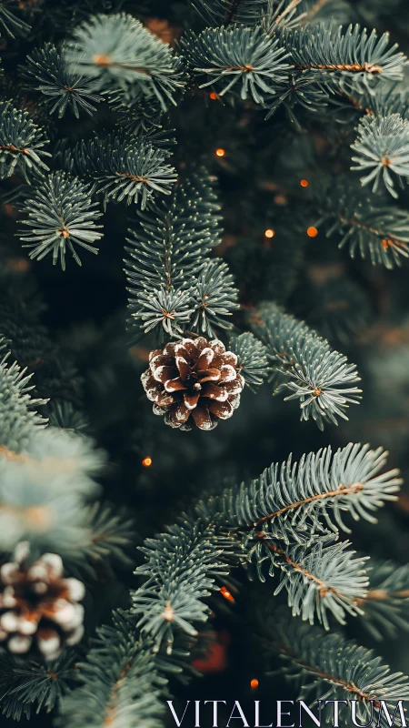 Pine cone hangs on evergreen branch with soft festive lights