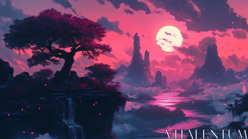 Vivid pink moonlit fantasy landscape with lone tree.