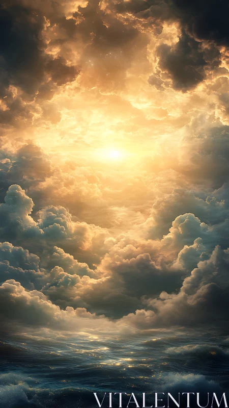 Volumetric storm clouds converge above specularly lit ocean horizon